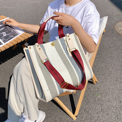 2026 New Vintage Tote Bag Tidal Canvas Stripe Student Shoulder Crossbody Tote Bag