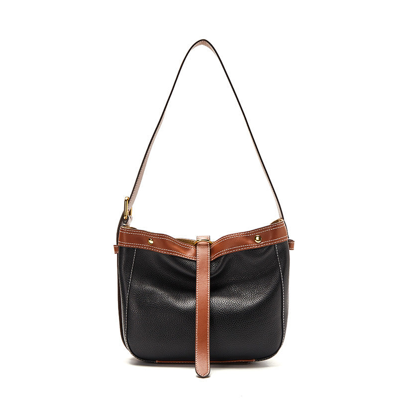 Hand-held top grain bucket bag female color matching high-end shoulder bag niche messenger bag tide