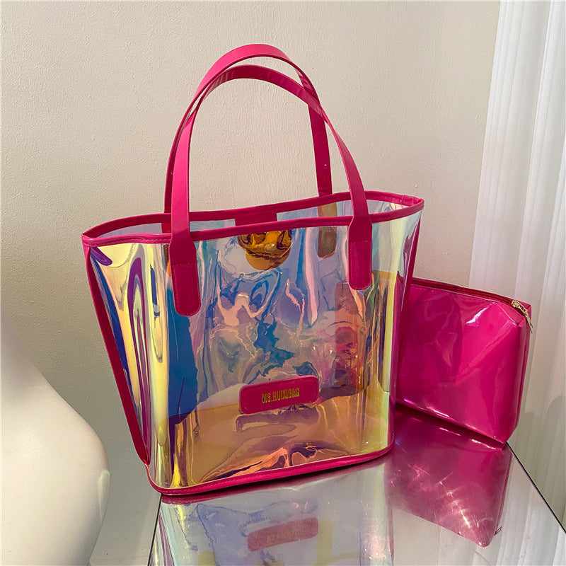Fashion PVC Shoulder Tote Bag with Inner Pouch Funky Holographic Beach Bag Letter Patch Decor PVC Clear Bag