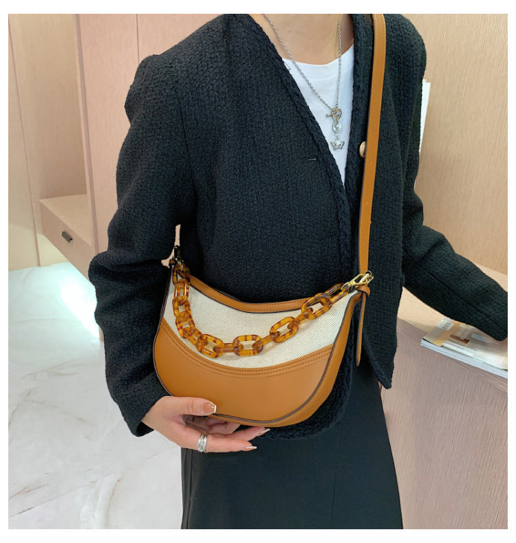 Canvas plus PU Shoulder Bag Underarm Messenger Bag PU Leather Ladies With Acrylic Chain