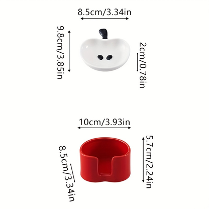 4-piece ceramic apple dish set with a favorites folder - cute round snack dishes