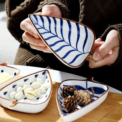 Japanese-style underglaze hand-painted leaf ceramic condiment dish