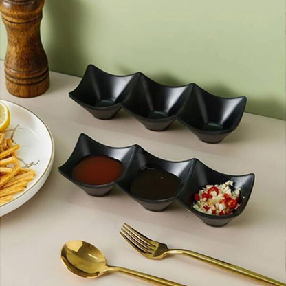 Multi-functional three-compartment dipping dish - durable plastic condiment holder