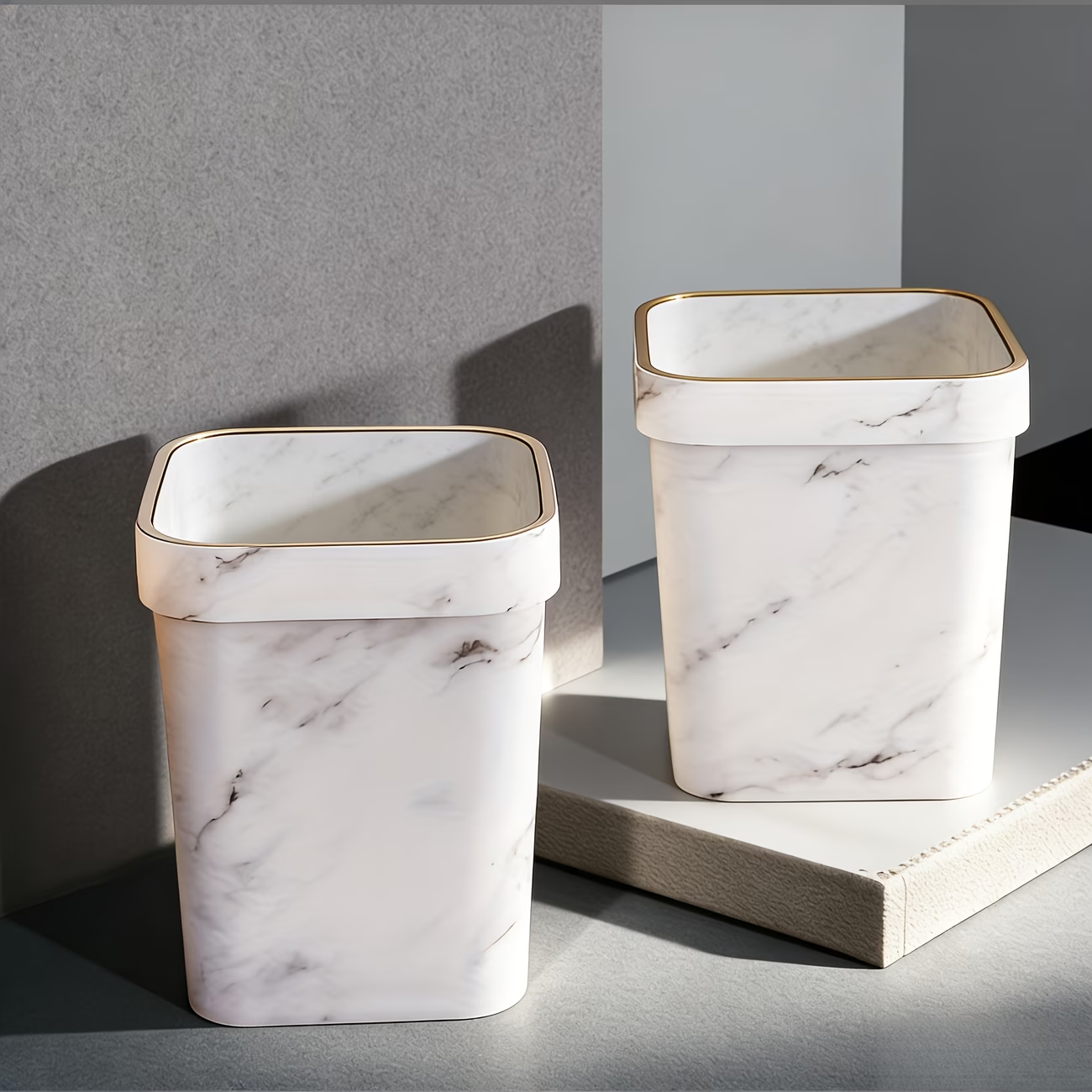 New square trash can, open design, made of durable plastic.