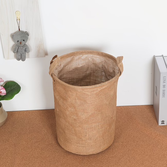 Vintage jute storage basket, rustic style, suitable for both indoor and outdoor use.
