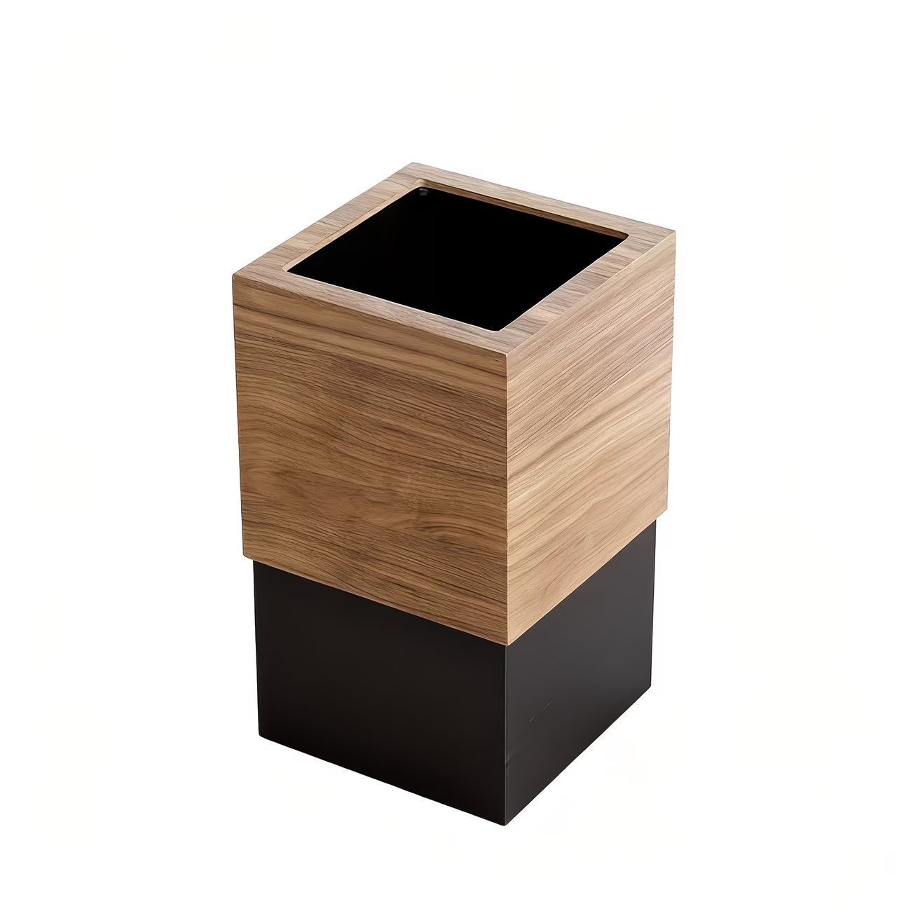 A modern square trash can with a black lid and a Scandinavian design.
